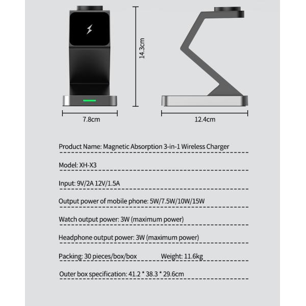X3 Safe Magnetic Quick Charge 9V 2A 3 In 1 Wireless Charger