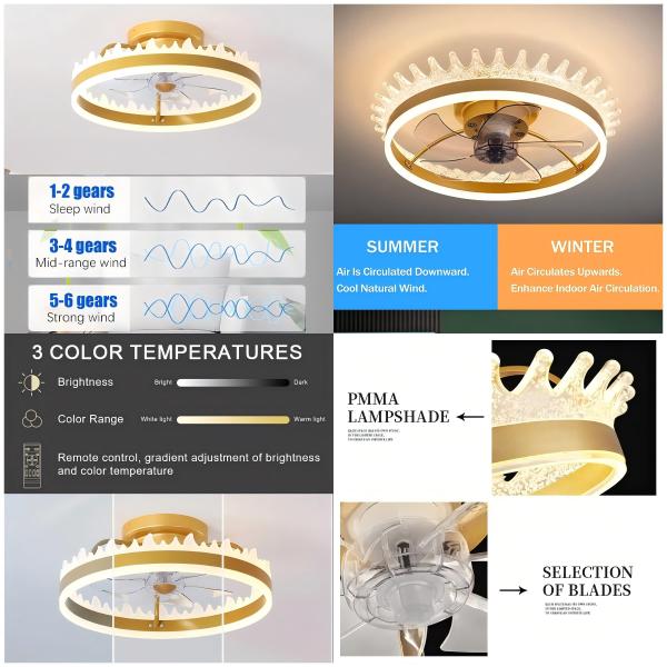 Wholesale factory Gold Round Flush Mount Ceiling Fan Light , 6 Speed Ceiling Fan With Remote