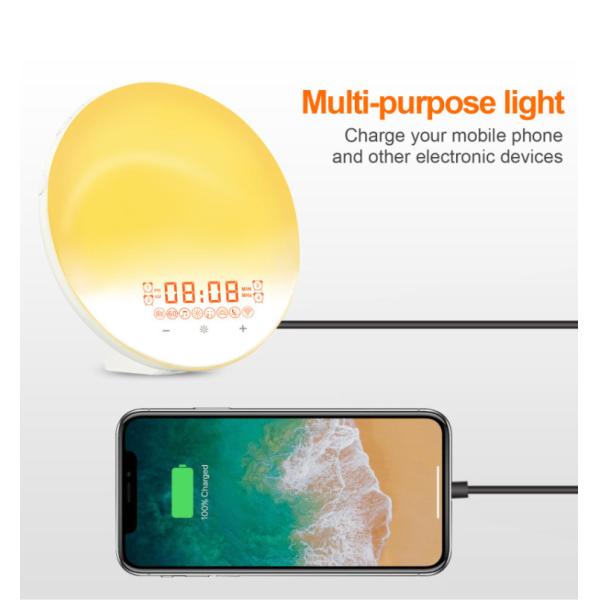 2022 New Smart APP Sunrise Wake up Light Alarm Clock with 8 Natural Music Sunrise Simulation Bedside Night light with FM