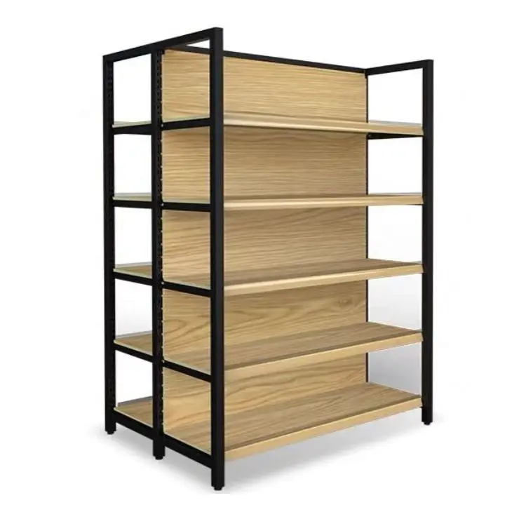 Customized Wood Gondola Shelving Metal Heavy Duty Wood Grain Shelf