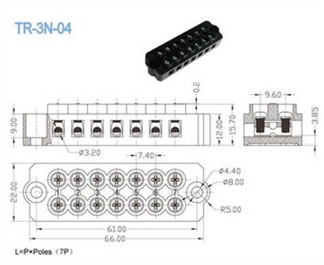 Black 7.40mm 300V 20A 7P Panel Mount Terminal Block For Switch / PCB
