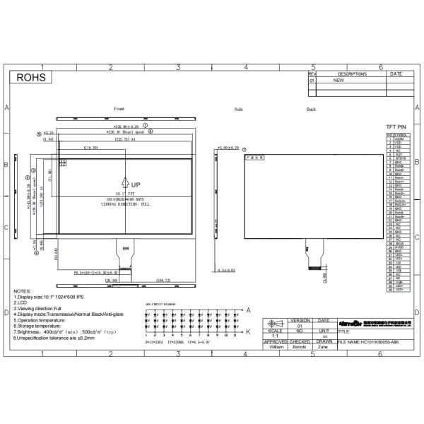 10.1 Inch TFT LCD Display with 40pin LVDS Interface and Wide Temperature Range