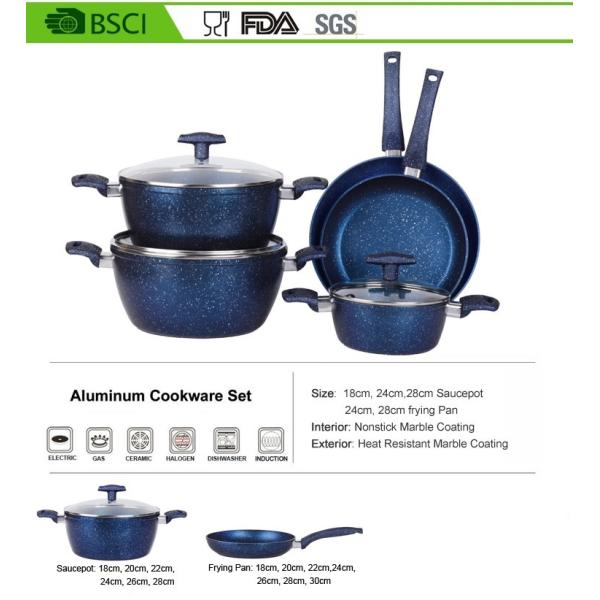 8PCS heat resistant nonstick blue marble inside and outside coating Aluminum cookware set with saucepot