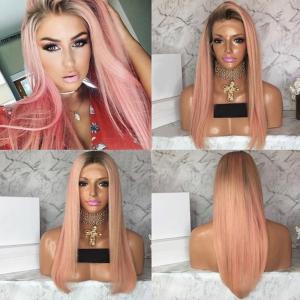 China Straight Human Hair Ombre Full Lace Pink Wig Black Root Light pink Front Lace Wig Middle Part With Baby Hair on sale