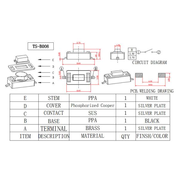 Reflow Solderable Low Profile Tactile Switch Miniature Type With White Button