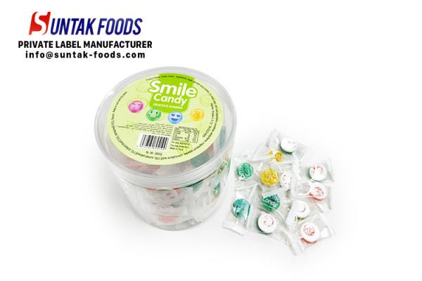 Buy Bottle packing two layers colors sour fruity flavors smile candy at wholesale prices