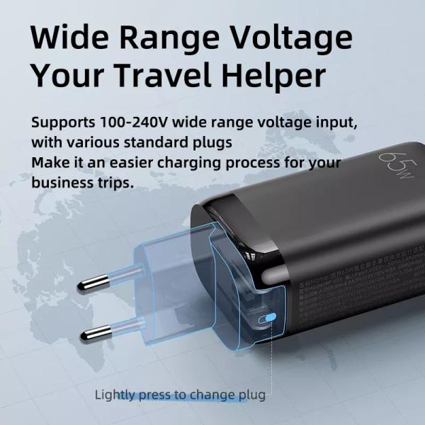65W GaN 3 Ports USB Type-c Travel Adapter for High Speed Charging of Multiple Devices