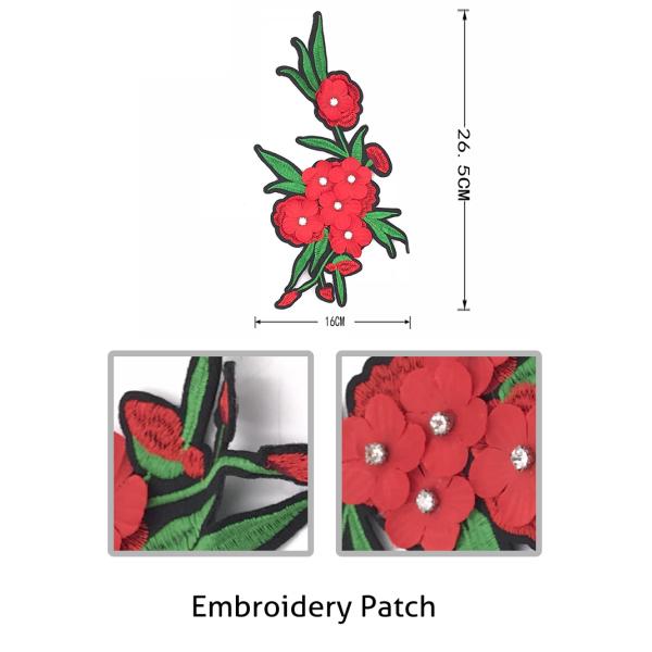 3D Rhinestone Embroidered Cloth Badges , Red Plum Blossom Patch With Polyester Cloth Material