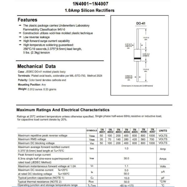 Rectifier Diode Manufacturer 1N4007,1N4004,1N4001 DO-41 1A General Purpose Rectifiers 50V-1000V Used for lighting, com