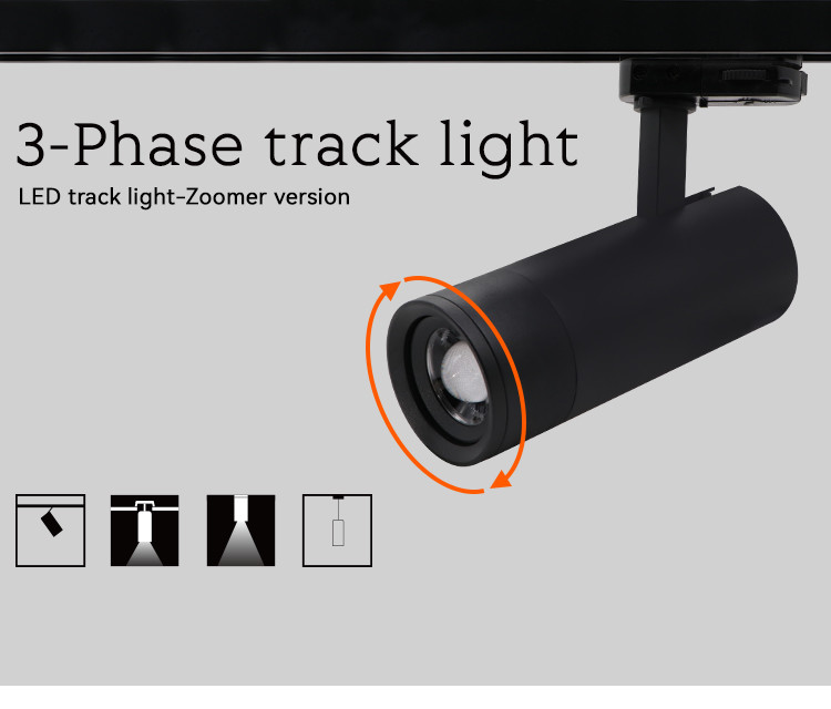 CRI90 Zoomable LED Track Light Aluminum Black Ceiling Spotlight For Museum Gallery