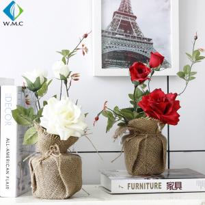 Quality Tabletop Decoration Artificial Green Plants , Linen Bag Potted Fake Rose Plants for sale