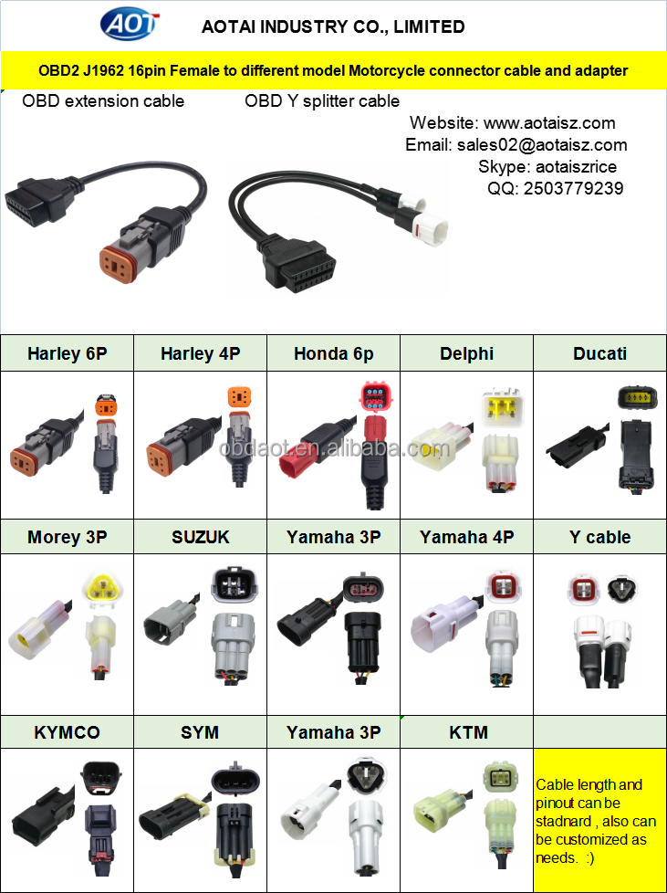 Fiat Motorbikes OBD2 Scanner Cable with 3 Pin Diagnostic Adapter and Extension Cable Year 1981-1983
