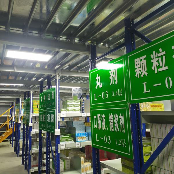 Warehouse with fully installed mezzanine rack system