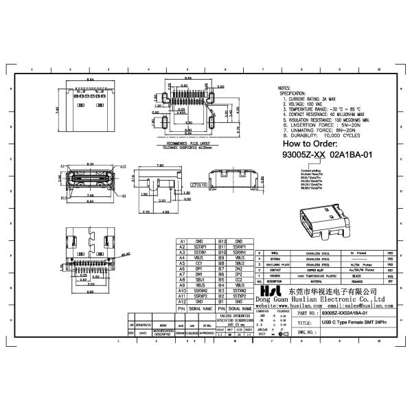 USB-C type female USB 3.1 connector 24 position right angel surface mount type for pcb