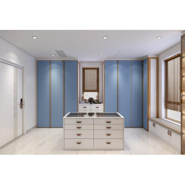 Blue Walk In Closet With Integrated Central Island Seamless Functionality