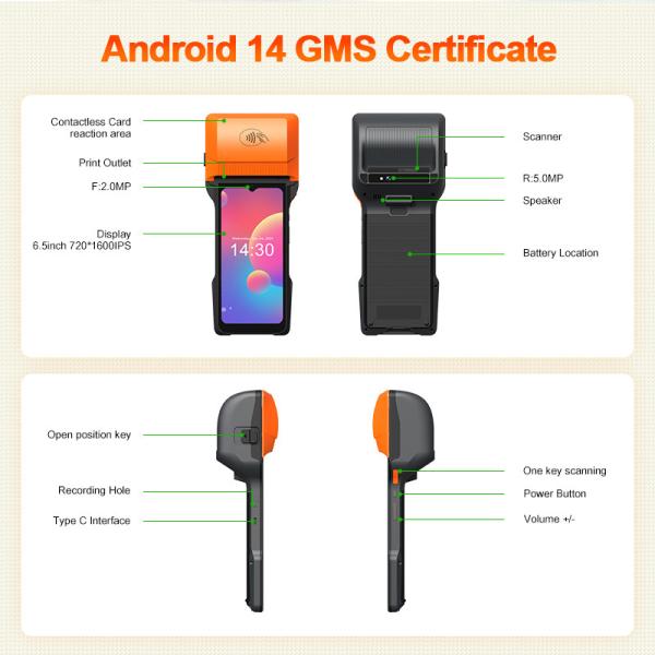 Bluetooth Billing POS Android 14 Portable POS Machine Customized With 80mm Thermal Receipt