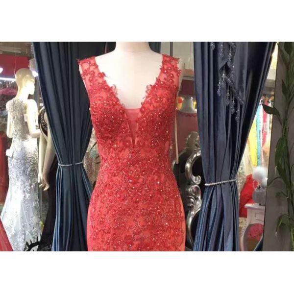 Long Tail Elegant Red Evening Gowns Beading Sleeveless Deep V Transparent Back