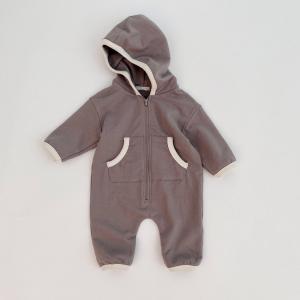 Quality French Terry Beige New Born Rompers Baby Pocket Hooded Zip Up Jumpsuit for sale