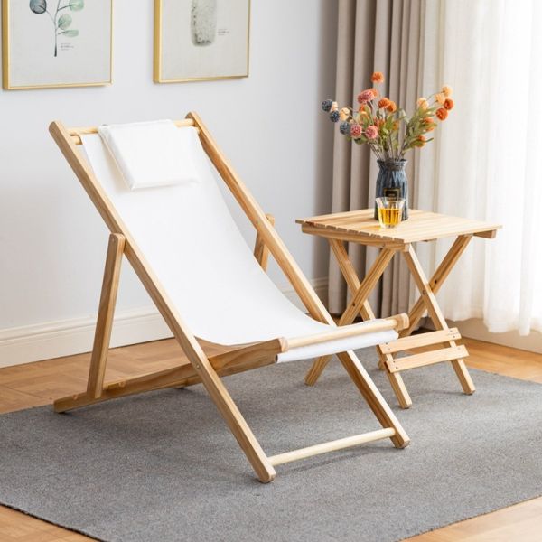 Outdoor Garden Deck Bamboo Relaxing Chair Backrest Adjustable In 4 Positions Canvas Seating Area