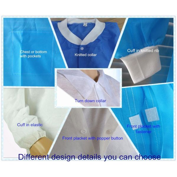 108*142cm,25-40gsm White Non Woven Lab Coats with knitted cuff