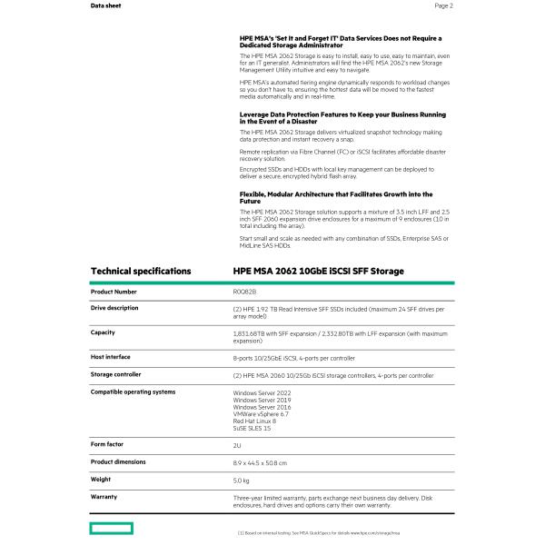 MSA 2062 10GbE iSCSI SAN Dual Controller 24-Bay SFF SSD Storage