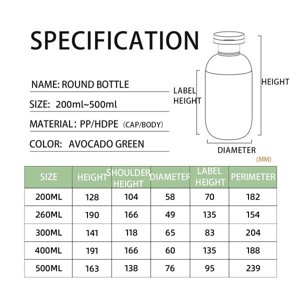 Avocado Green 500ml Cosmetic Empty Plastic Bottle for Shampoo and Conditioner Package