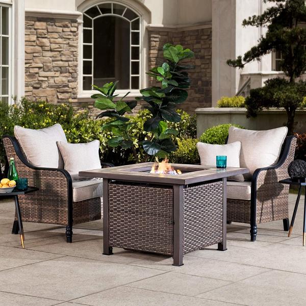 Square Tile Top Modern Propane Fire Pit With All Weather Wicker Powered Brazier