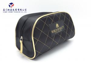 Round Corner Design Fabric Makeup Bag Black Zipper With Gold Leather Head