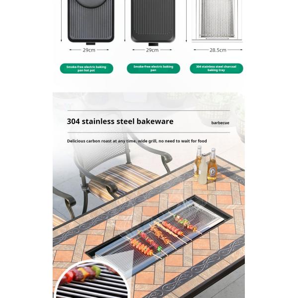 Tile Pattern Patio Dining Set Rectangel Picnic Table With Fire Pit