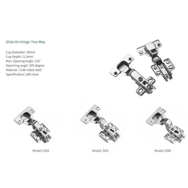 D04 Universal Slide on Soft Closing Two Way Cabinet Hinge manufacture
