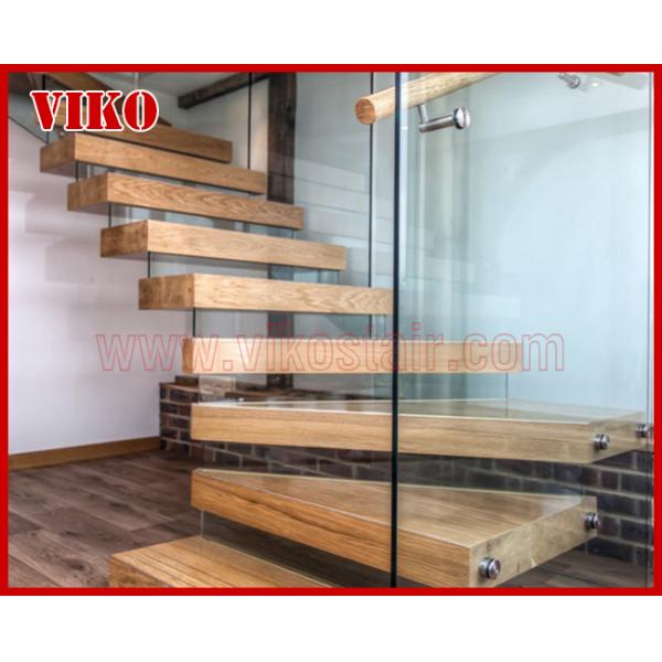 Floating Staircase VK48C Tempered Glass LED Light strip StringerBeech Tread American Oak StringerStainless Steel Powder