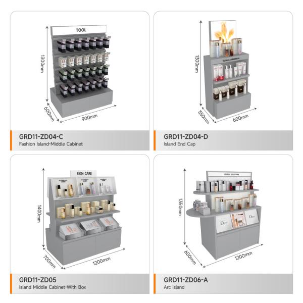 Retail Display Showcase Grey Wooden Island Cabinet For Store Showcase And Trendy Shop Decoration