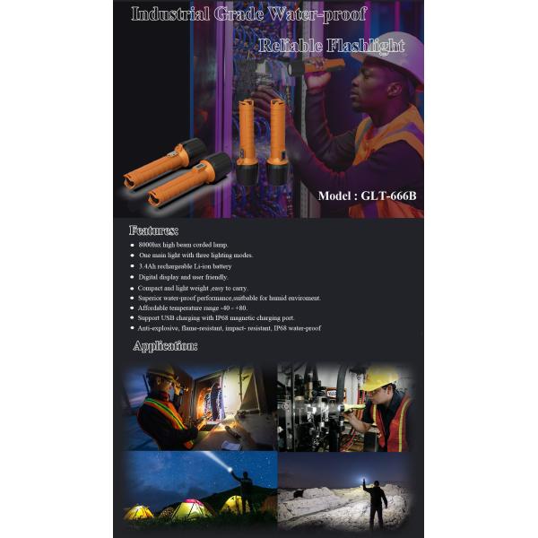 GL-T666(A) 3W LED Flashlight – 10,000 Lux, IP68 Waterproof, 10-24H Runtime, Rechargeable 6.8Ah Li-ion Battery