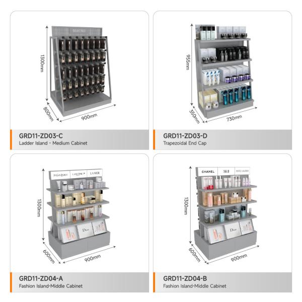 Retail Display Showcase Grey Wooden Island Cabinet For Store Showcase And Trendy Shop Decoration