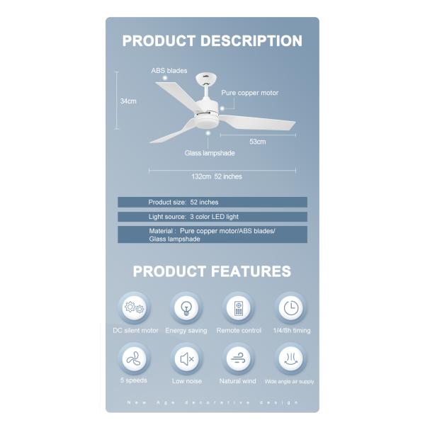 52 inch Modern Design 1stshine LED Ceiling Fan with Dimmable Light and Remote Control