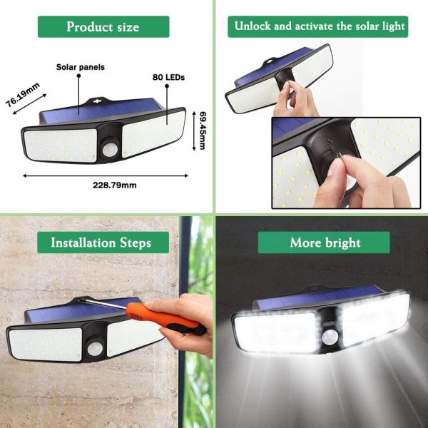 80 LED Outdoor Motion Sensor Light, Solar Motion Lights Outdoor Security for Driveway Step Stair Pool Patio