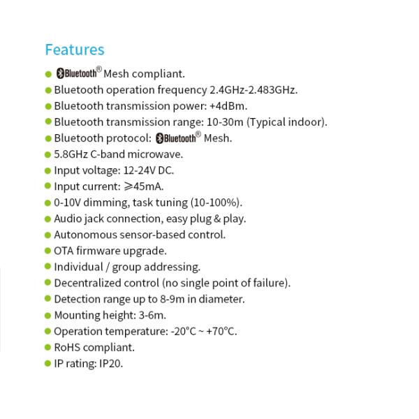 Audio-jack connection microwave motion sensor HNB124MW, Silvair BLE mesh enabled, with Daylight Harvest Function