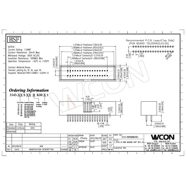 WCON 1.27mm Pitch Straight 10~100P DIP Box Header board to wire connectors Contact Resistance 20mΩ Max