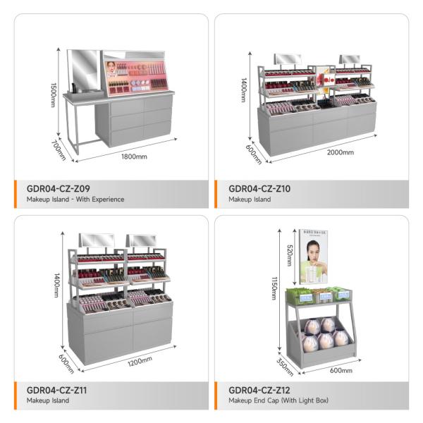 Display Rack Gray Wooden Makeup With Island Led Light For Customized Shop Interior Design And Branded Display Table