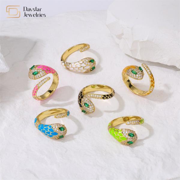 Snake Colorful Enamel Green Diamond Zircon Cobra Ring Cute Adjustable Open