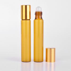China 10ml  Amber Essential Oil Glass Roll On Bottle With Silver or Gold Cap and Metal Roller on sale