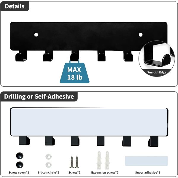 0.67x0.62x0.46 Size Key Hooks for Wall Mount 6 Metal Hooks Hallway Organizer