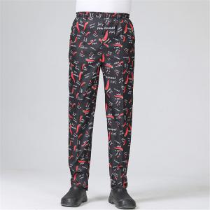 China Restaurant Kitchen Print Chef Pants Elastic Waist With Zipper Fly on sale