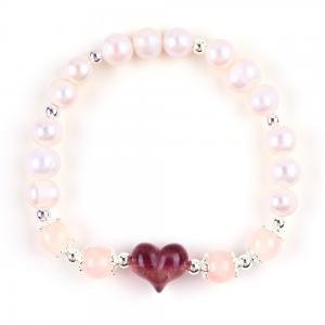 China 8MM Pink Freshwater Pearl Stretch Bracelet Heart Crystal Carving on sale