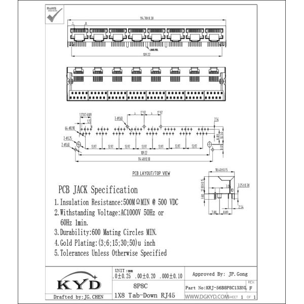KRJ-56B8P8C1X8NL 8 contacts 8 position rj45 modular connector 1X8 multiple port