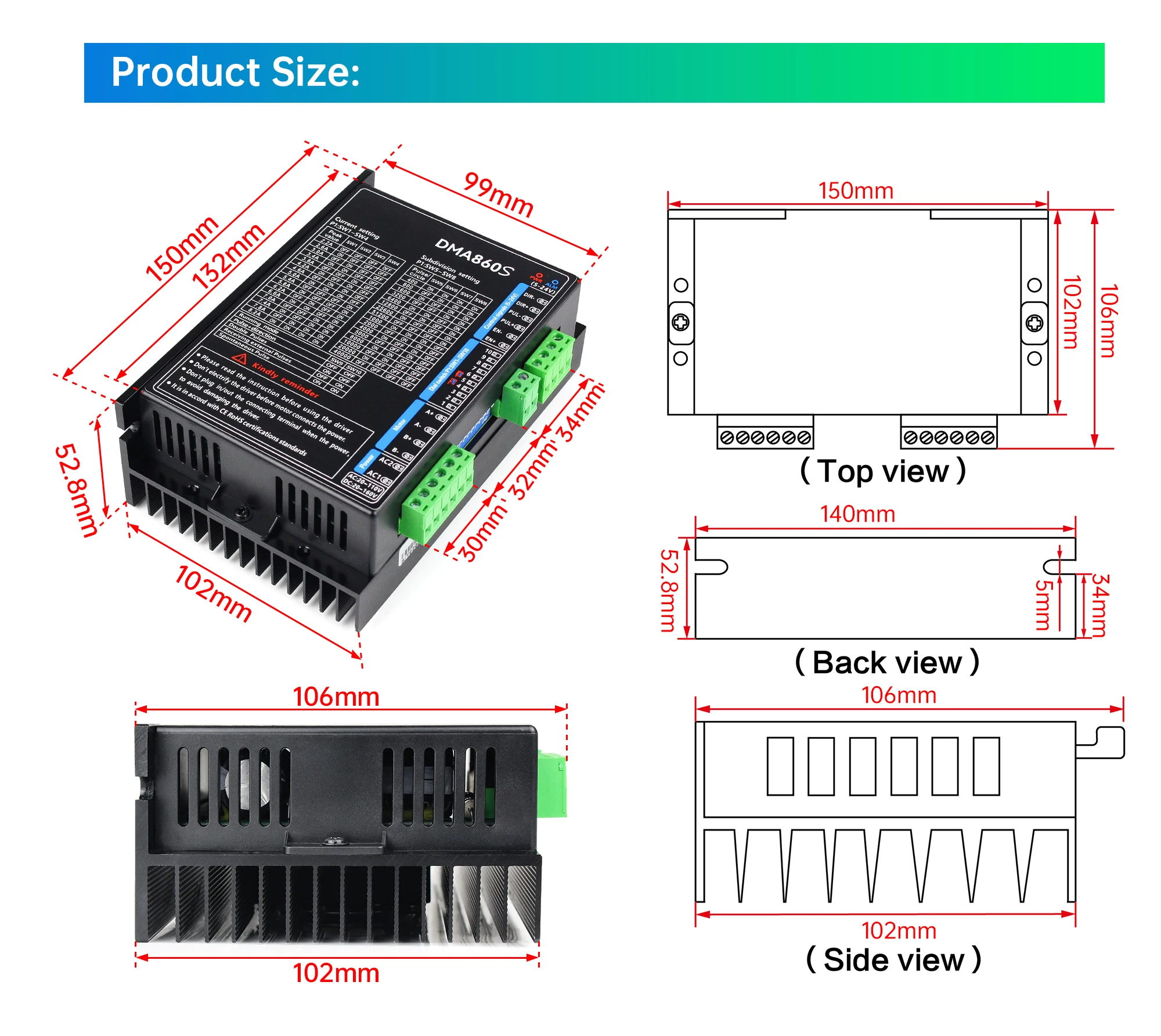 Nema34 Stepper Motor Driver DMA860S 2.2A-8.2A 18-110V AC 18-160V DC