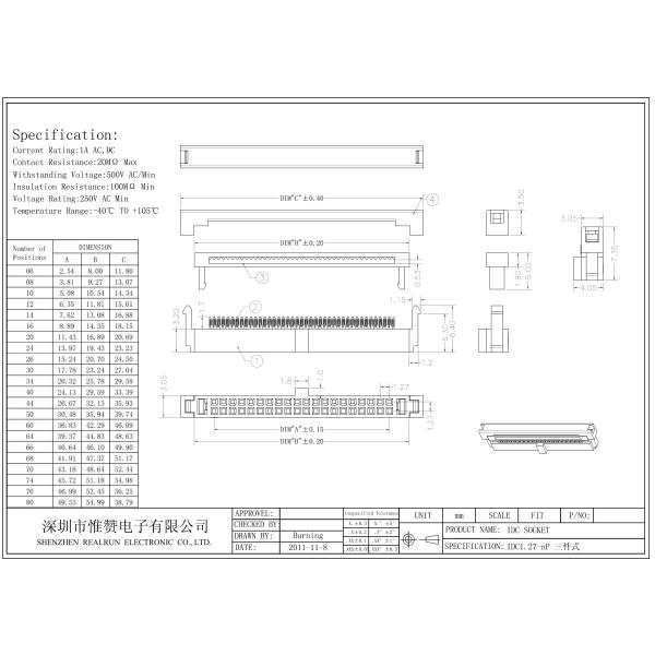 Three Piece Style IDC Connector 1.27mm Wire To Board Phosphor Bronze Contact