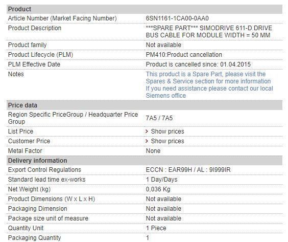 6SN1161-1CA00-0AA0 6SN1 161-1CA00-0AA0 Siemens Antriebsbus Cable