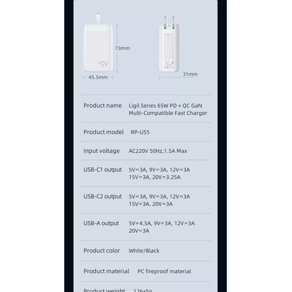 65W GaN 3 Ports USB Type-c Travel Adapter for High Speed Charging of Multiple Devices