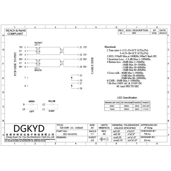 1x1 Single Port 90 Degree 8P8C RJ45 Jack 10/100Base With Transformer Customized RJ45 With Transformer